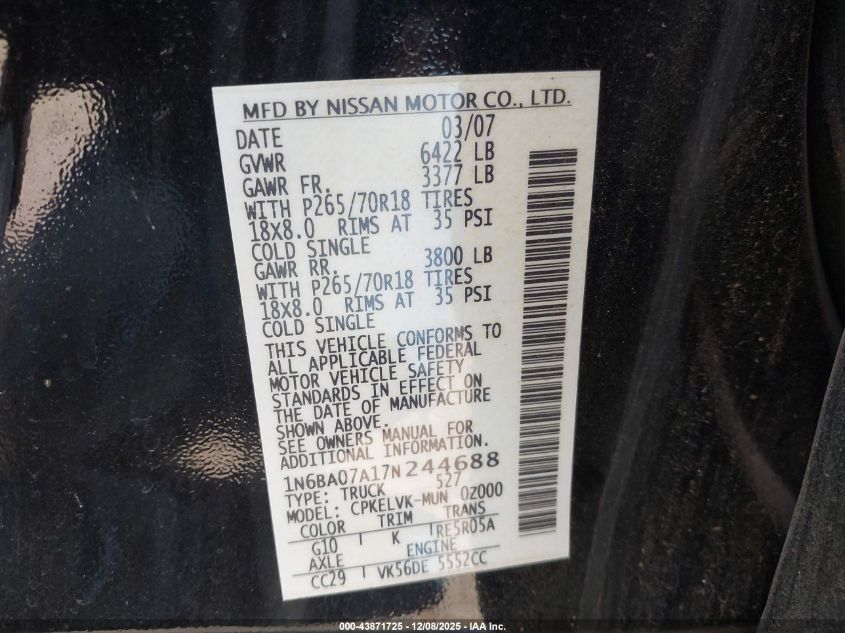 2007 Nissan Titan Le VIN: 1N6BA07A17N244688 Lot: 43871725