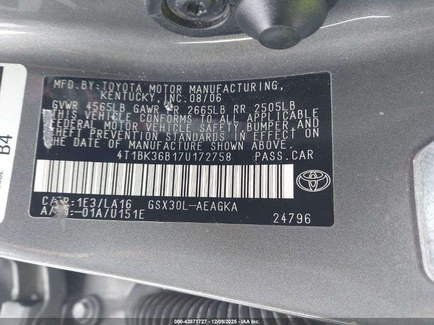 2007 Toyota Avalon Xls VIN: 4T1BK36B17U172758 Lot: 43871727