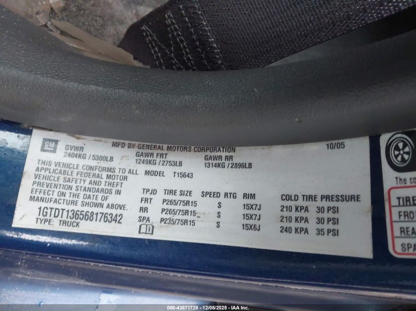 2006 GMC Canyon Sle2 VIN: 1GTDT136568176342 Lot: 43871728