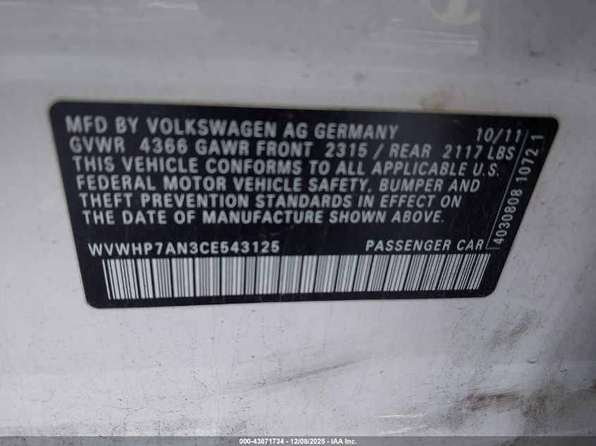 2012 Volkswagen Cc Lux VIN: WVWHP7AN3CE543125 Lot: 43871734