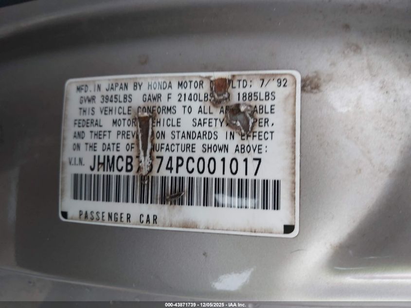 1993 Honda Accord Ex VIN: JHMCB7674PC001017 Lot: 43871739