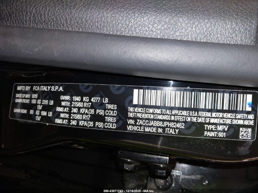 2018 Jeep Renegade Latitude Fwd VIN: ZACCJABB8JPH82462 Lot: 43871743