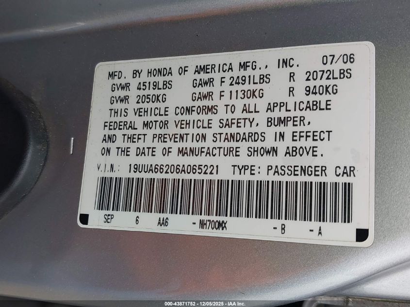 2006 Acura Tl VIN: 19UUA66206A065221 Lot: 43871752