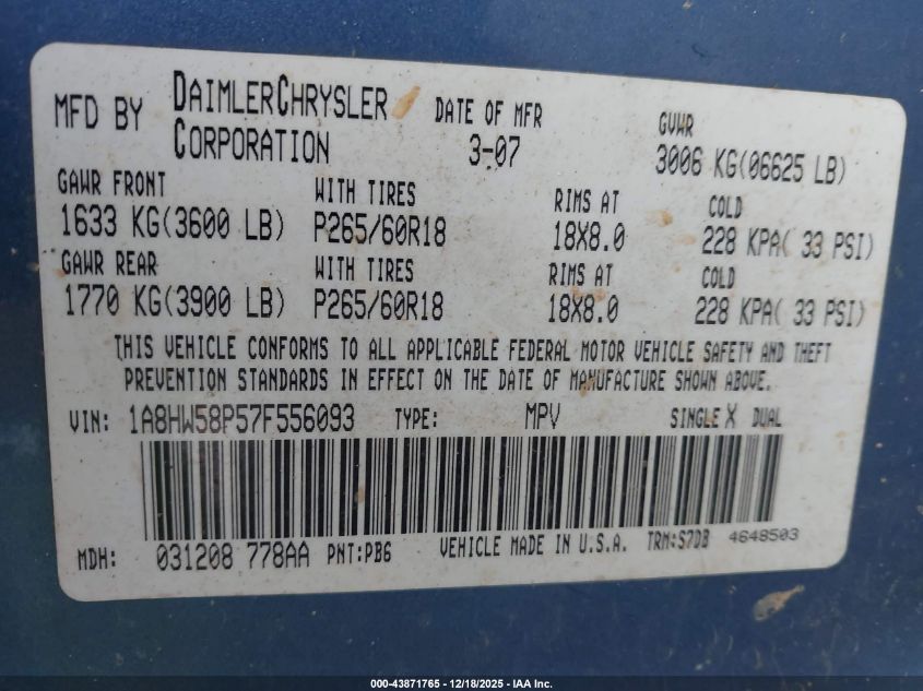 2007 Chrysler Aspen Limited VIN: 1A8HW58P57F556093 Lot: 43871765