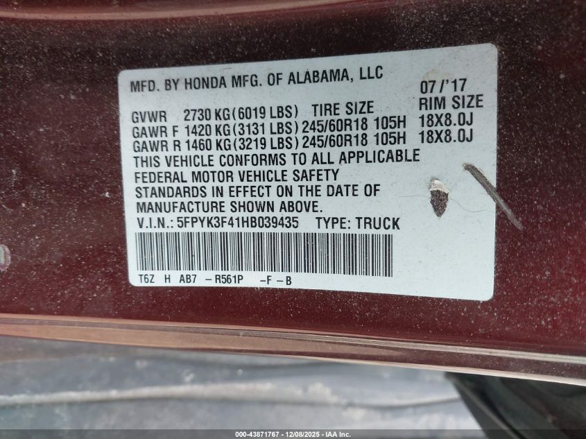 2017 Honda Ridgeline Rts VIN: 5FPYK3F41HB039435 Lot: 43871767