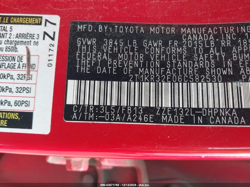 2006 Toyota Matrix Xr VIN: 2T1KR32E06C582530 Lot: 43871768