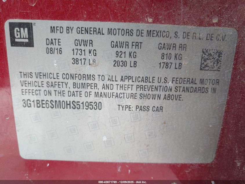 2017 Chevrolet Cruze Lt Auto VIN: 3G1BE6SM0HS519530 Lot: 43871769
