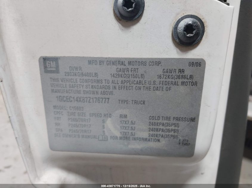 2007 Chevrolet Silverado 1500 Classic Work Truck VIN: 1GCEC14X87Z176777 Lot: 43871770