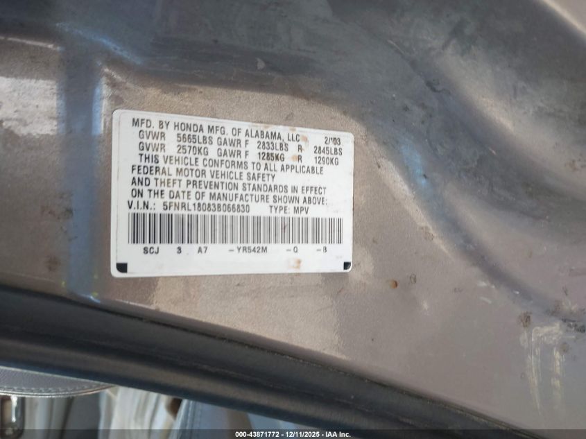 2003 Honda Odyssey Ex-L VIN: 5FNRL18083B066830 Lot: 43871772