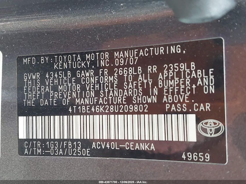 2008 Toyota Camry Le VIN: 4T1BE46K28U209802 Lot: 43871780