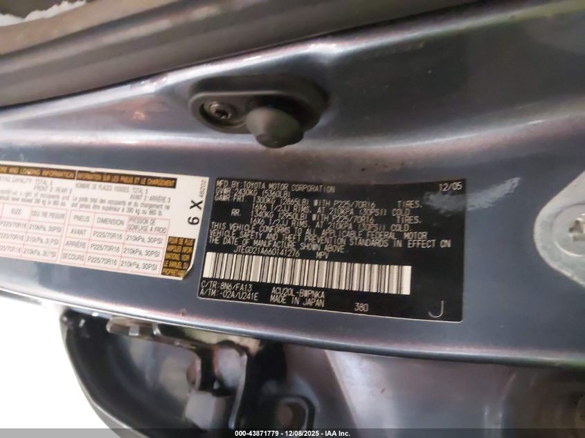 2006 Toyota Highlander VIN: JTEGD21A660141276 Lot: 43871779