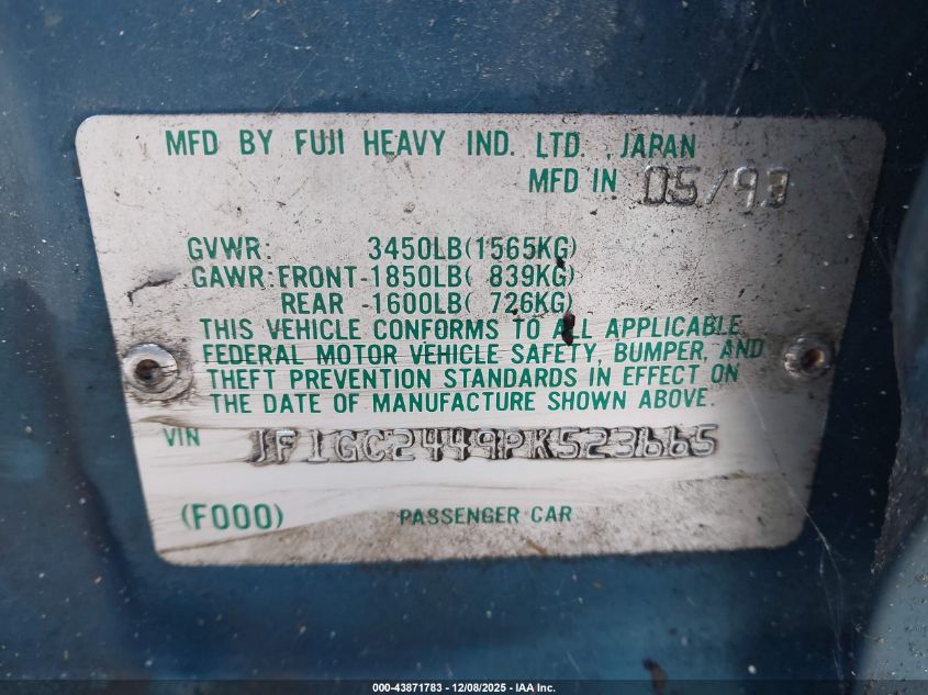 1993 Subaru Impreza L Plus VIN: JF1GC2449PK523665 Lot: 43871783