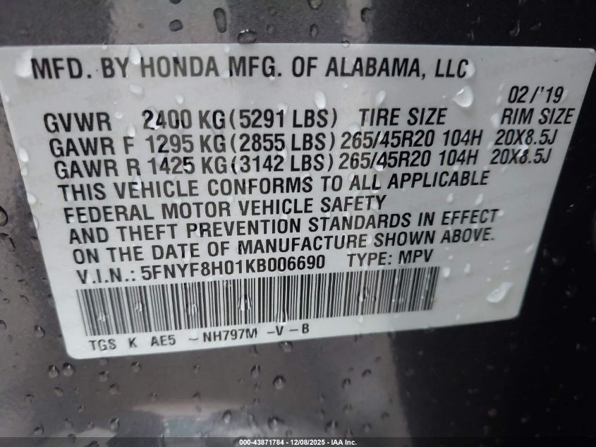 2019 Honda Passport Elite VIN: 5FNYF8H01KB006690 Lot: 43871784