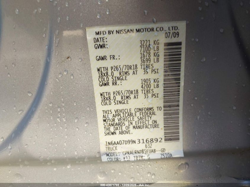 2009 Nissan Titan Xe VIN: 1N6AA07D99N316892 Lot: 43871785