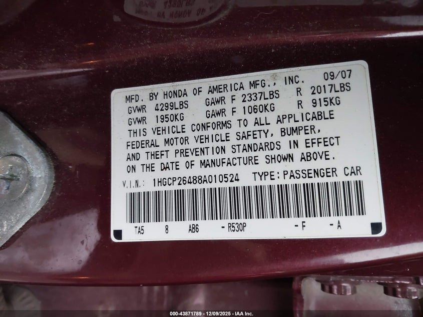 2008 Honda Accord 2.4 Lx-P VIN: 1HGCP26488A010524 Lot: 43871789