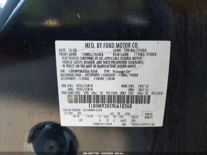 2009 Lincoln Mks VIN: 1LNHM93RX9G618268 Lot: 43871798