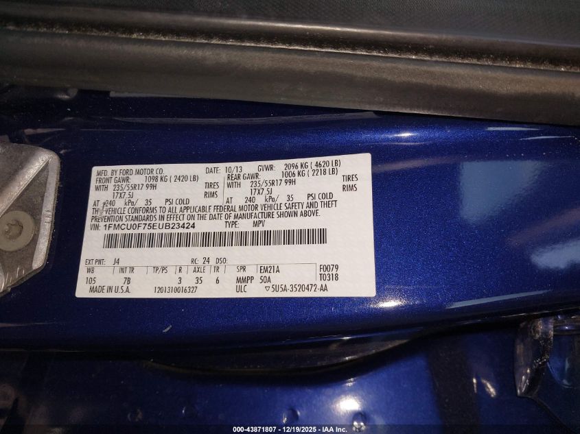 2014 Ford Escape S VIN: 1FMCU0F75EUB23424 Lot: 43871807