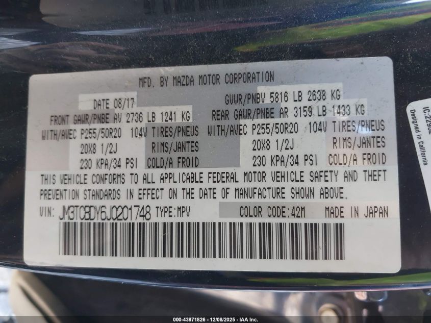 2018 Mazda Cx-9 Grand Touring VIN: JM3TCBDY6J0201748 Lot: 43871826