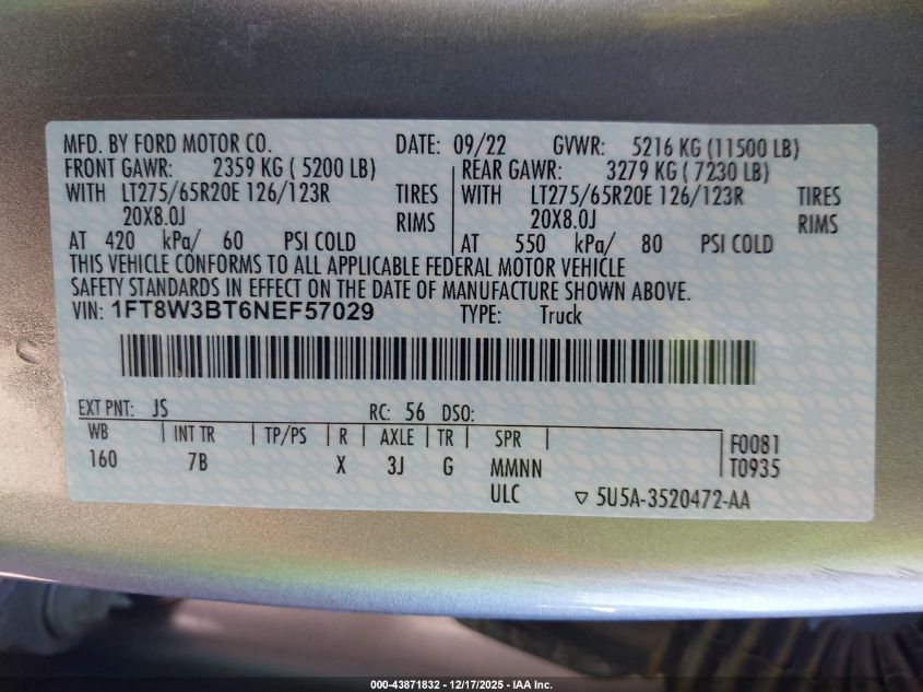 2022 Ford F-350 Platinum VIN: 1FT8W3BT6NEF57029 Lot: 43871832