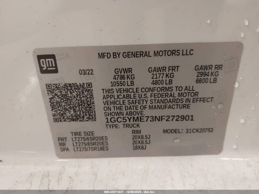 2022 Chevrolet Silverado 2500Hd 4Wd Standard Bed Custom VIN: 1GC5YME73NF272901 Lot: 43871837