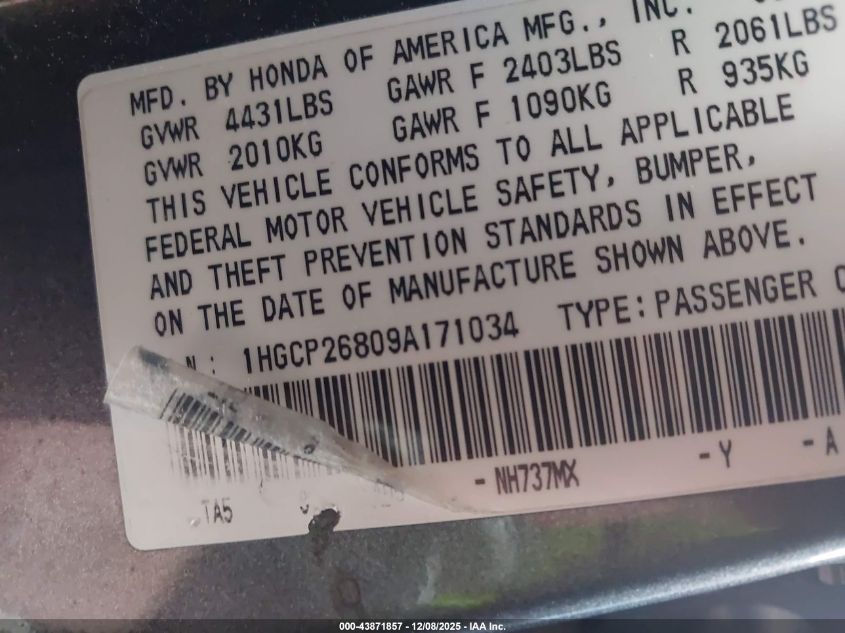 2009 Honda Accord 2.4 Ex-L VIN: 1HGCP26809A171034 Lot: 43871857