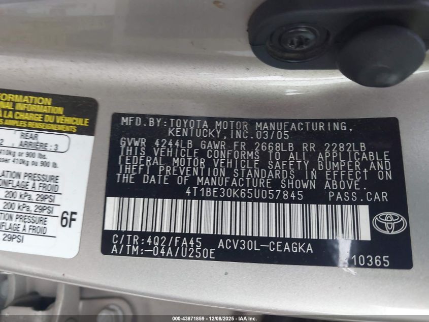 2005 Toyota Camry Xle VIN: 4T1BE30K65U057845 Lot: 43871859