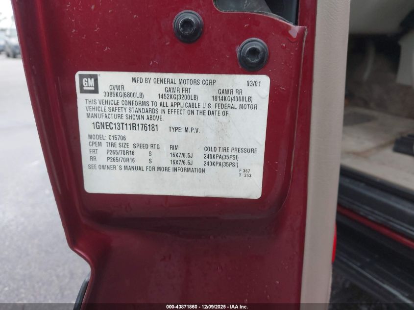 2001 Chevrolet Tahoe Lt VIN: 1GNEC13T11R176181 Lot: 43871860