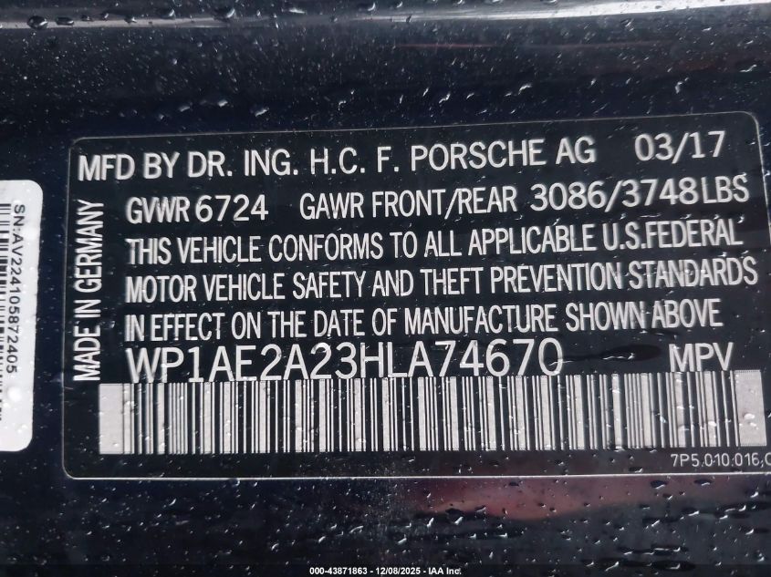 2017 Porsche Cayenne E-Hybrid S Platinum Edition VIN: WP1AE2A23HLA74670 Lot: 43871863