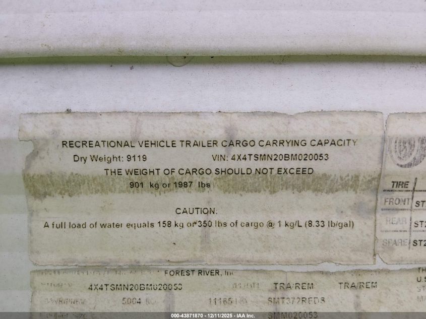 2011 Salem Tt VIN: 4X4TSMN20BM020053 Lot: 43871870