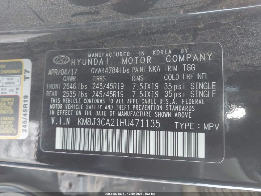 2017 Hyundai Tucson Sport VIN: KM8J3CA21HU471135 Lot: 43871875