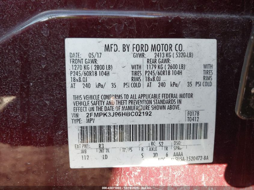 2017 Ford Edge Sel VIN: 2FMPK3J96HBC02192 Lot: 43871885