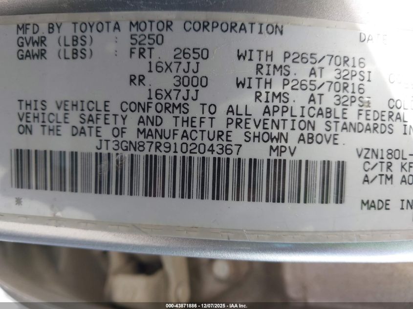 2001 Toyota 4Runner Limited V6 VIN: JT3GN87R910204367 Lot: 43871886