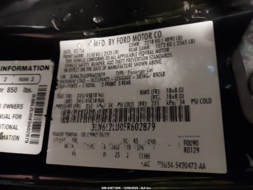 2015 Lincoln Mkz Hybrid VIN: 3LN6L2LU0FR602879 Lot: 43871889