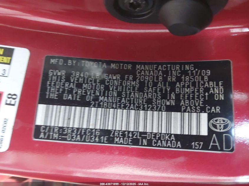 2010 Toyota Corolla Le VIN: 2T1BU4EE2AC312370 Lot: 43871899