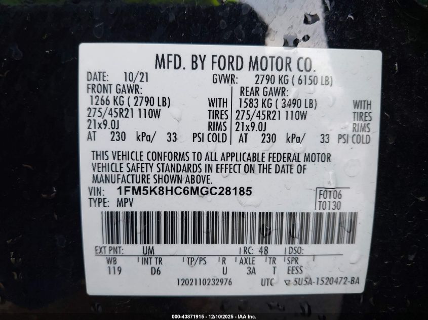 2021 Ford Explorer Platinum VIN: 1FM5K8HC6MGC28185 Lot: 43871915