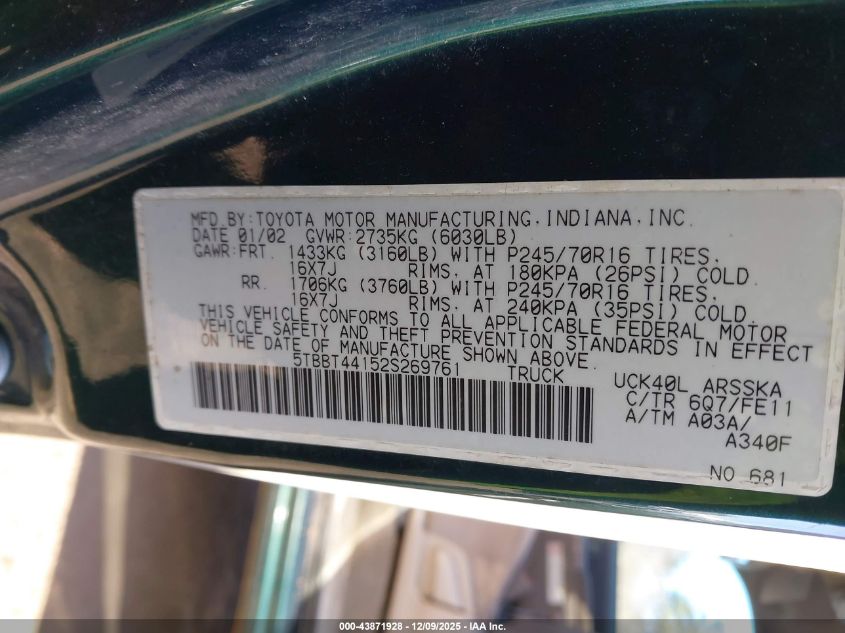 2002 Toyota Tundra Sr5 V8 VIN: 5TBBT44152S269761 Lot: 43871928