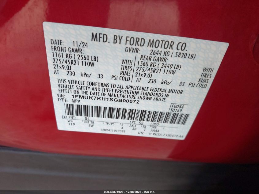 2025 Ford Explorer St-Line VIN: 1FMUK7KH1SGB00072 Lot: 43871929