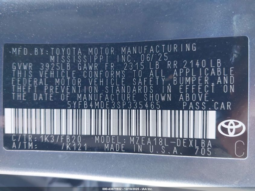 2025 Toyota Corolla Le VIN: 5YFB4MDE3SP335465 Lot: 43871932