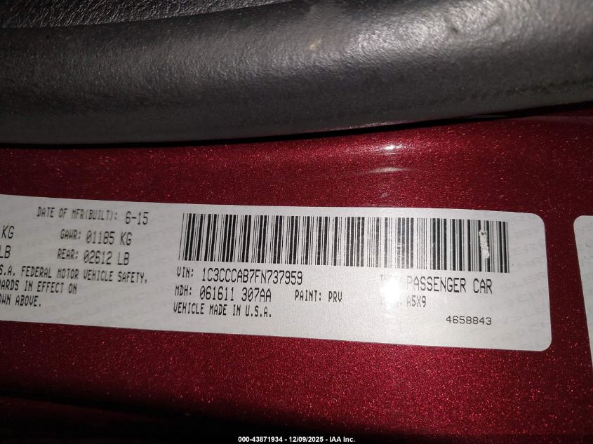 2015 Chrysler 200 Limited VIN: 1C3CCCAB7FN737959 Lot: 43871934