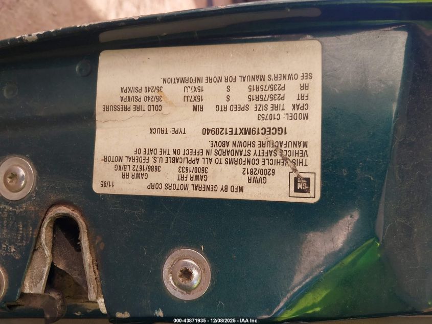 1996 Chevrolet Gmt-400 C1500 VIN: 1GCEC19MXTE120940 Lot: 43871935