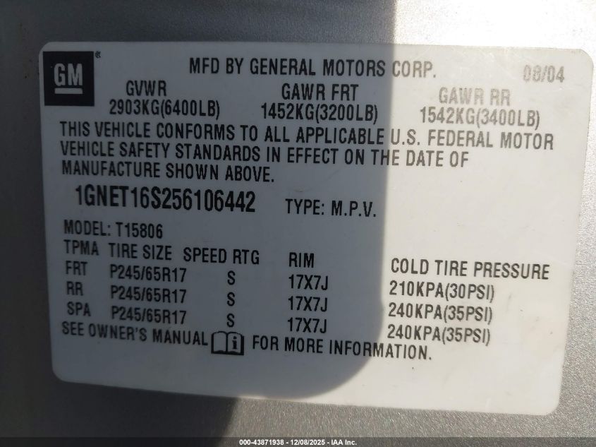 2005 Chevrolet Trailblazer Ext Ls VIN: 1GNET16S256106442 Lot: 43871938