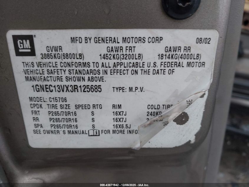 2003 Chevrolet Tahoe Ls VIN: 1GNEC13VX3R125685 Lot: 43871942