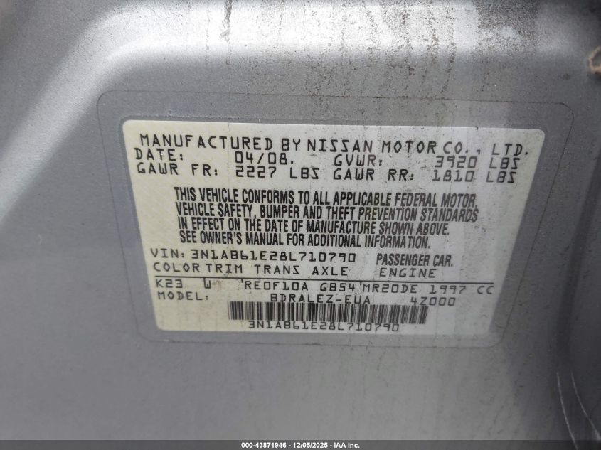 2008 Nissan Sentra 2.0S VIN: 3N1AB61E28L710790 Lot: 43871946