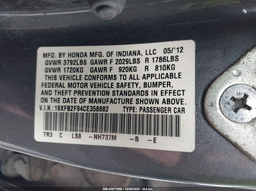 2012 Honda Civic Ex-L VIN: 19XFB2F94CE358882 Lot: 43871956