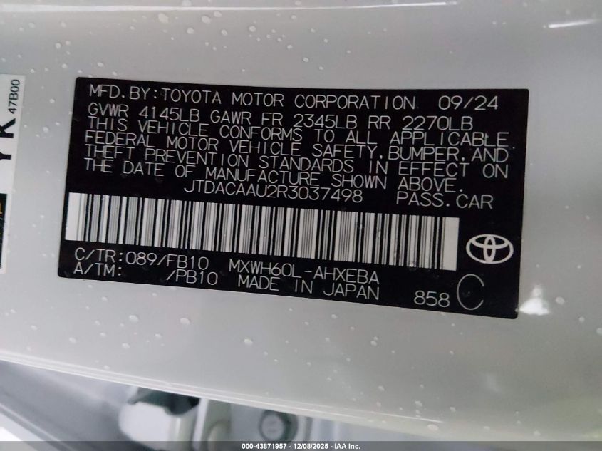 2024 Toyota Prius Le VIN: JTDACAAU2R3037498 Lot: 43871957
