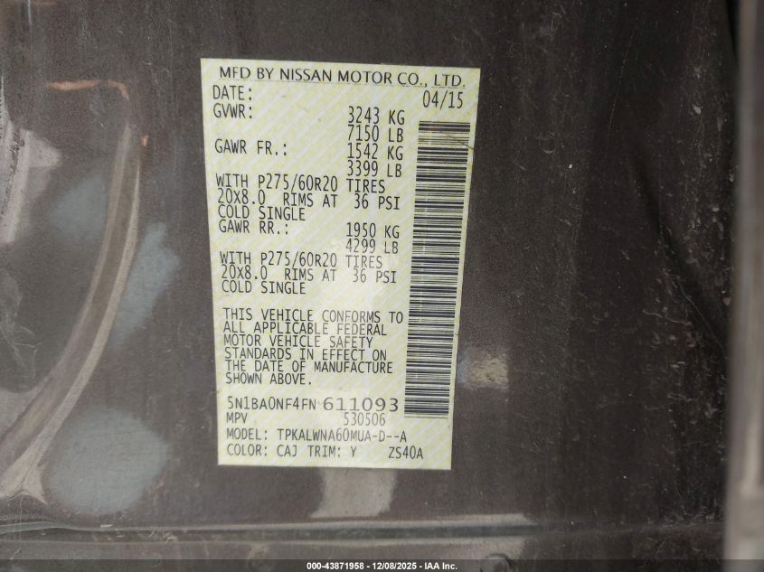 2015 Nissan Armada Platinum VIN: 5N1BA0NF4FN611093 Lot: 43871958