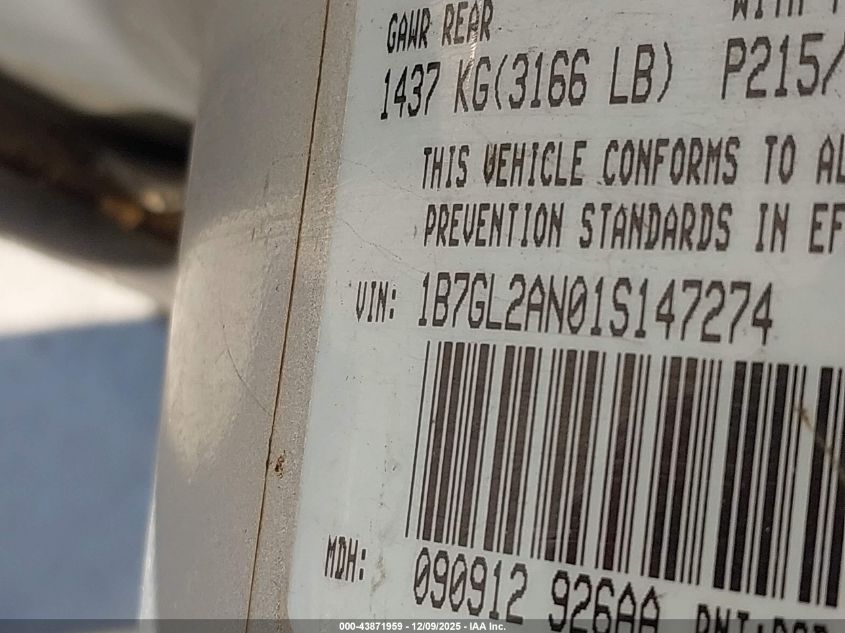 2001 Dodge Dakota Slt/Sport VIN: 1B7GL2AN01S147274 Lot: 43871959