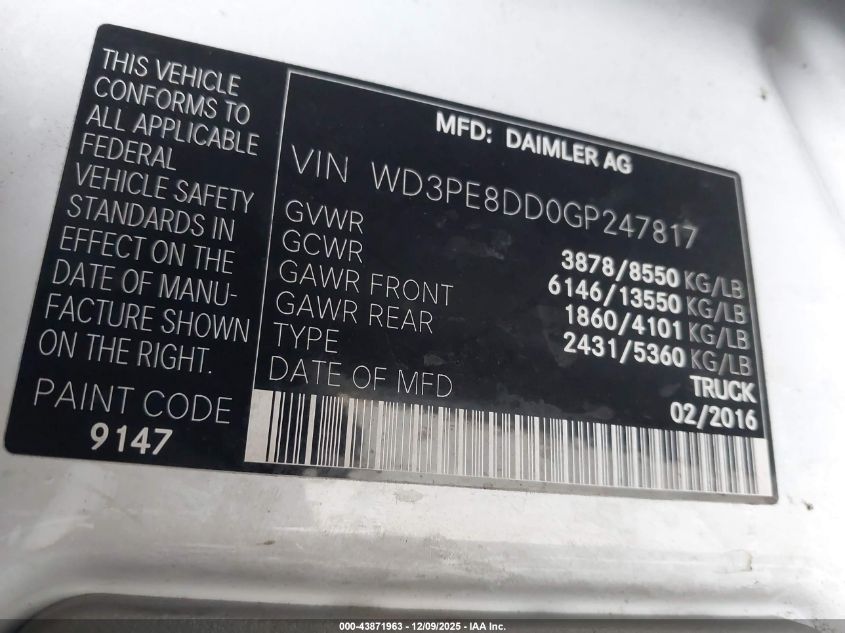 2016 Mercedes-Benz Sprinter 2500 High Roof VIN: WD3PE8DD0GP247817 Lot: 43871963