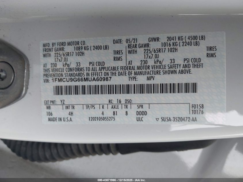 2021 Ford Escape Se VIN: 1FMCU9G66MUA60987 Lot: 43871966