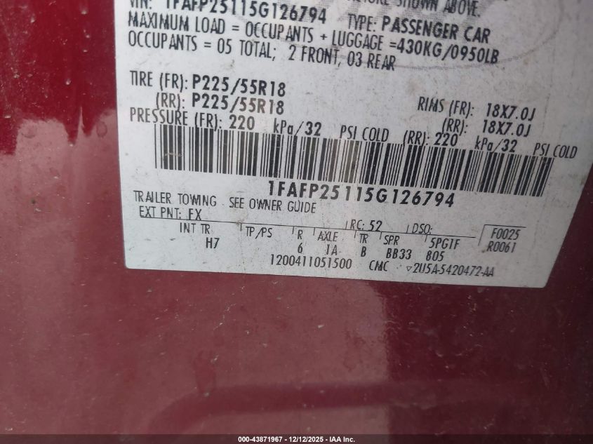 2005 Ford Five Hundred Limited VIN: 1FAFP25115G126794 Lot: 43871967